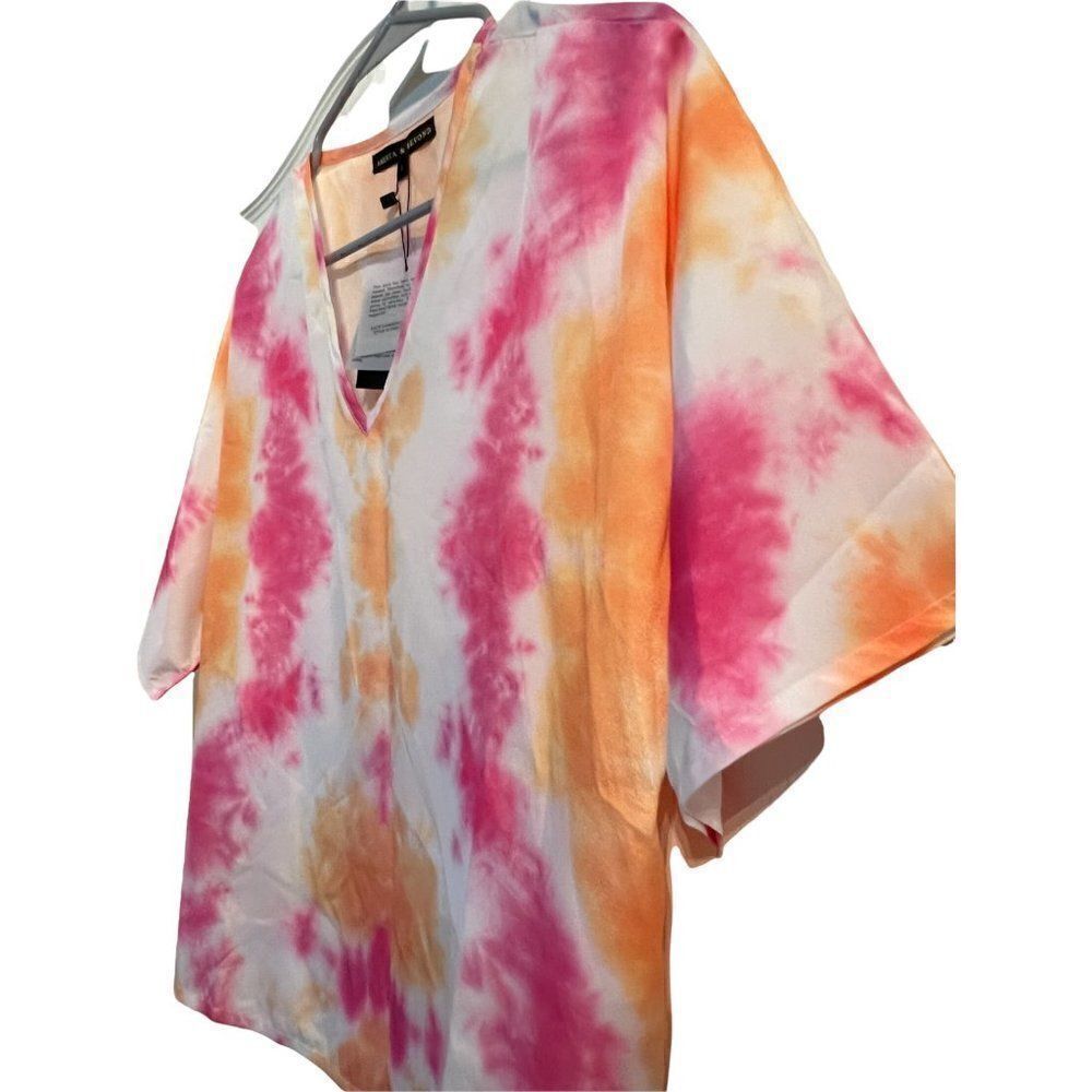 America & Beyond Polyester Top Small Pink Womens Tie Dye V Neck Short Sleeve New